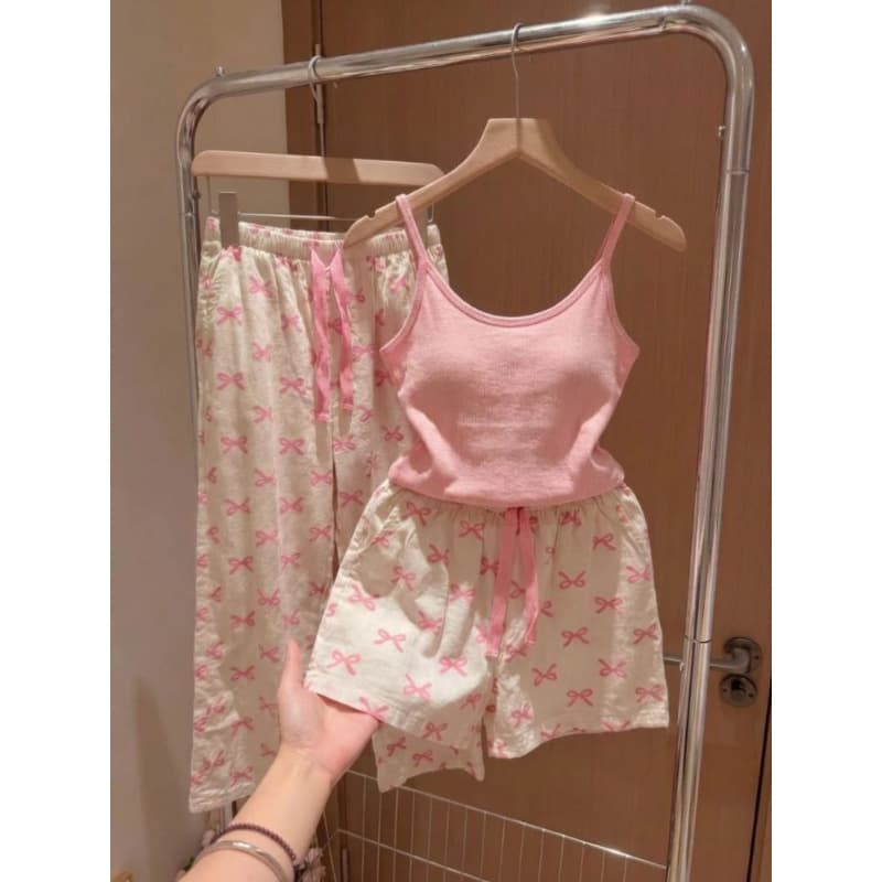 Girly Sweet Peach Pink Suspender Shorts Pajamas Women Summer Drawstring Bow Print Home Clothes Casual Suit