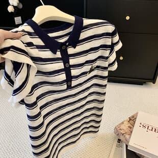 New Design Fashion Embroidered Knit Top Korean Loose Retro Summer Striped Short Sleeve Top for Women