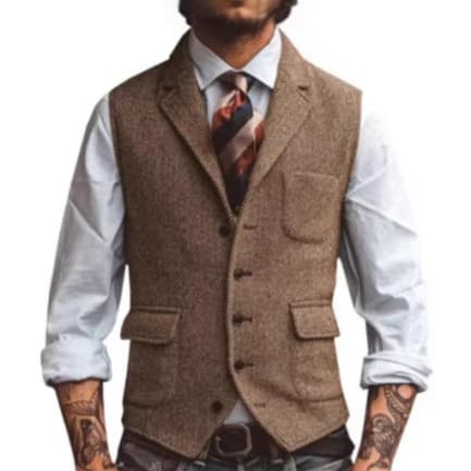 New men's vest, brown lapel, herringbone pattern, suitable for grooms, wedding attire, suit vest, in stock.