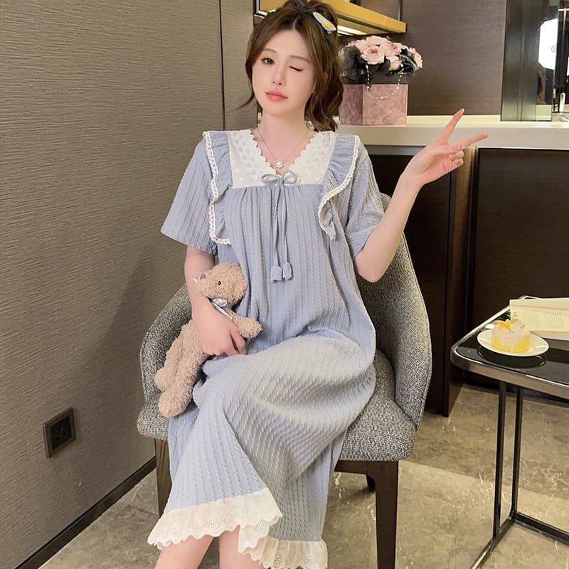 New Princess Style Plus Size Sleep Dress for Women, Cute Summer Loose Jacquard Cotton Lace Homewear Mid-Length Sweet Dress