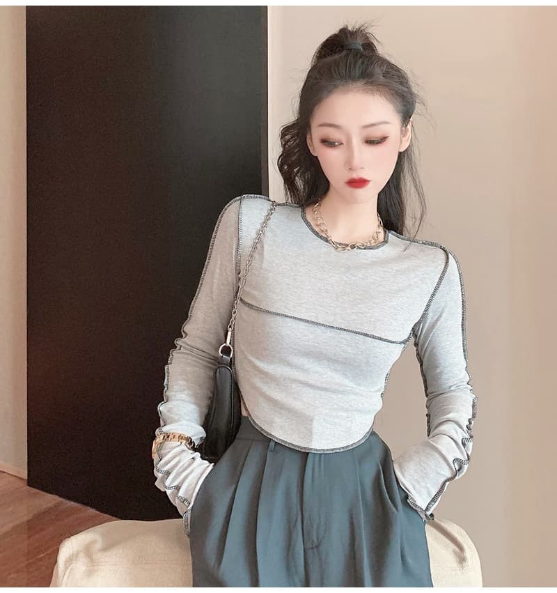 6535 Cotton Long Sleeve T-Shirt Women's 2025 Early Autumn New Design Stylish Slim Fit Short Unique Top