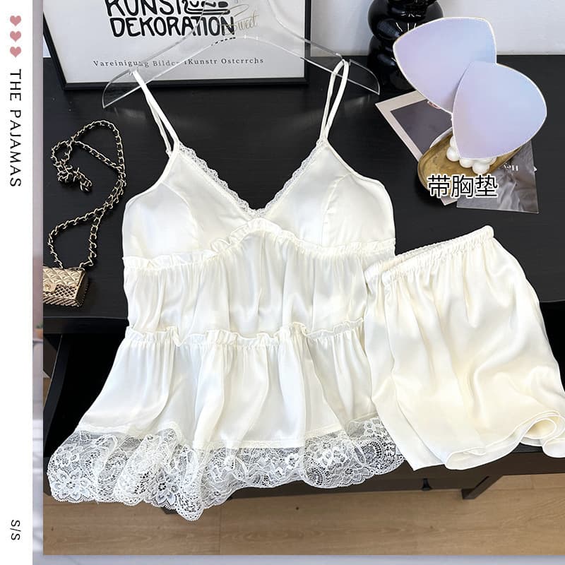 New Summer Ice Silk Camisole Shorts Set Women's Home Pajamas Lightweight Comfortable Lace Trim Sleepwear Wholesale