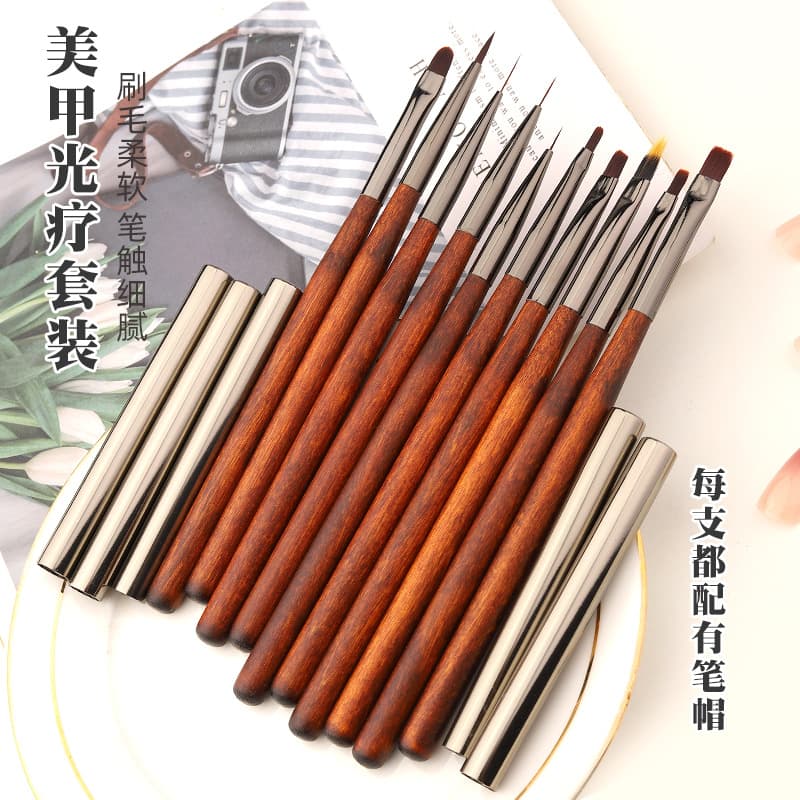 Cross-border Nail Art Brush Set Painting Brush Sandalwood Handle Lining Brush 10-Piece Set Gel Brush Nail Supplies Wholesale