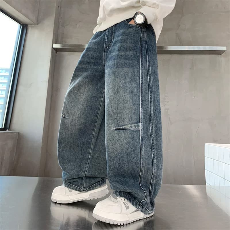 Kids Korean Style Jeans Spring Autumn 2026 Trendy Long Pants Big Boy Loose Straight Leg Pants Fashion