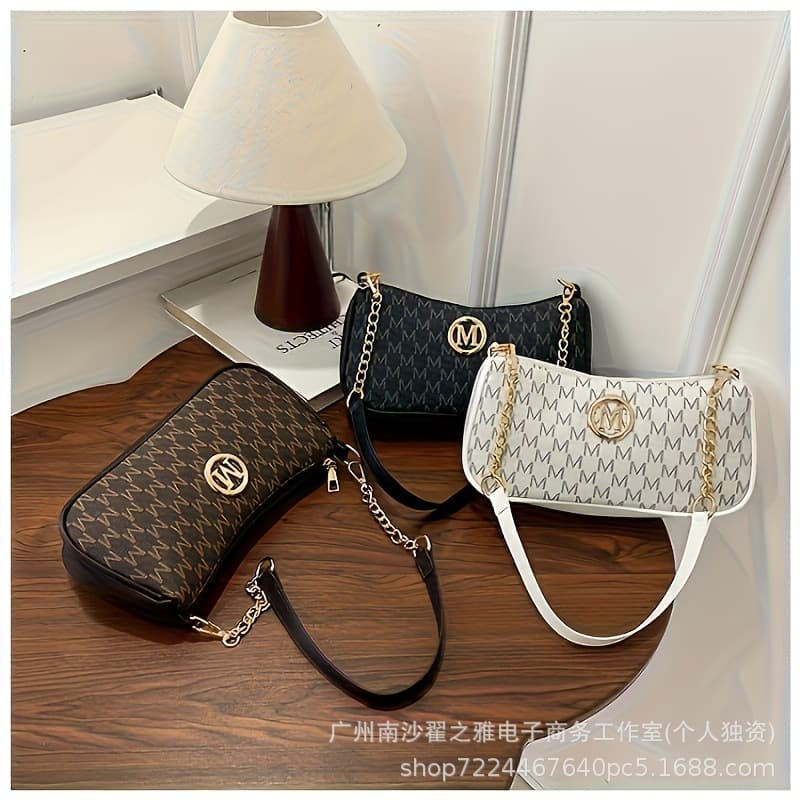 M Logo French Vintage Underarm Bag for Women, New Chain Letter Print Shoulder Small Square Bag, Crossbody Casual Versatile