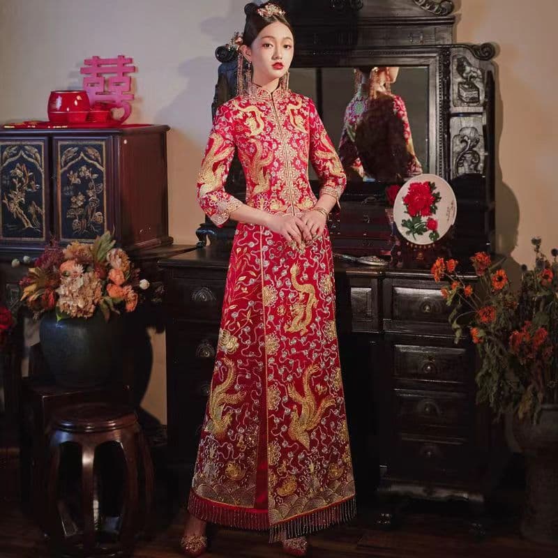 Da Wu Fu Indian Silk Style Xia Xiu He Suit Bride Wedding Dragon Phoenix Embroidered Chinese Wedding Dress Cheongsam Kimono