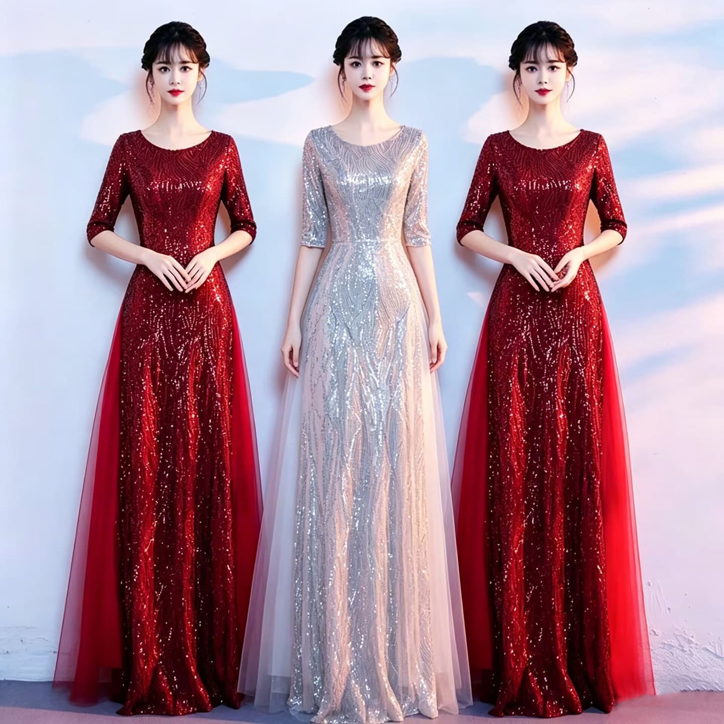 New Choir Performance Dress for Women, Long Gown for Red Song Hosting Recitation Competition Stage Costume, Middle-aged and Elderly Evening Dress