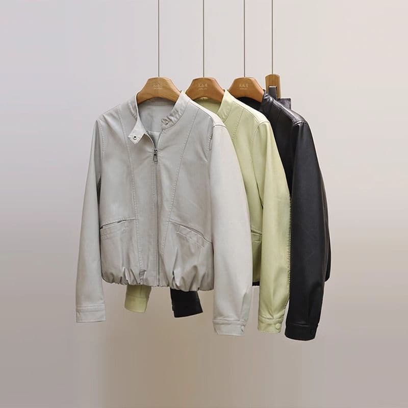 Women's Short Leather Jacket, Spring 2025 New Style, PU Leather Stand Collar Loose Fit Plus Size Petite Jacket Top