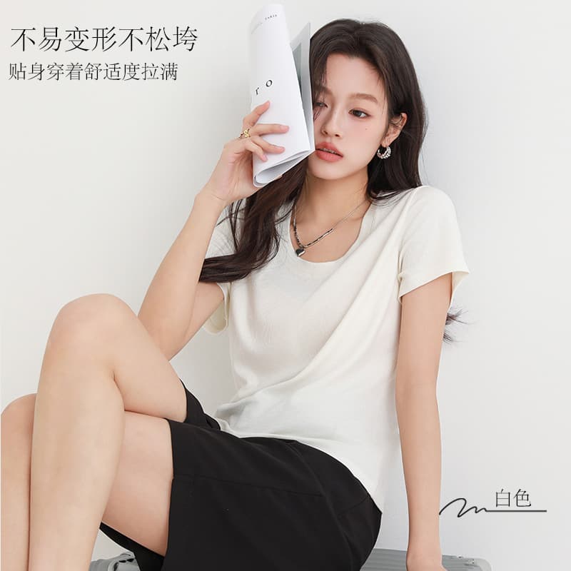 Tencel Lyocell summer short-sleeved women's U-neck pullover simple cool and comfortable women's tops T-shirt women's casual and versatile