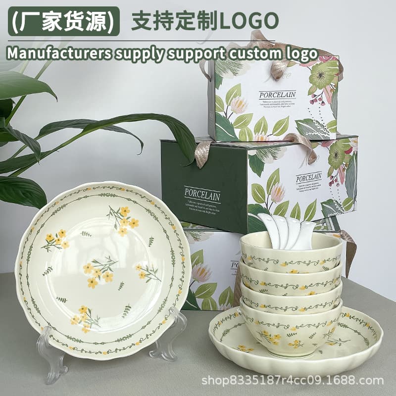 New High-Gloss Fresh Pastoral Style Underglaze Color Ceramic Bowl and Plate Set, Home Dinnerware, Housewarming, Cross-Border
