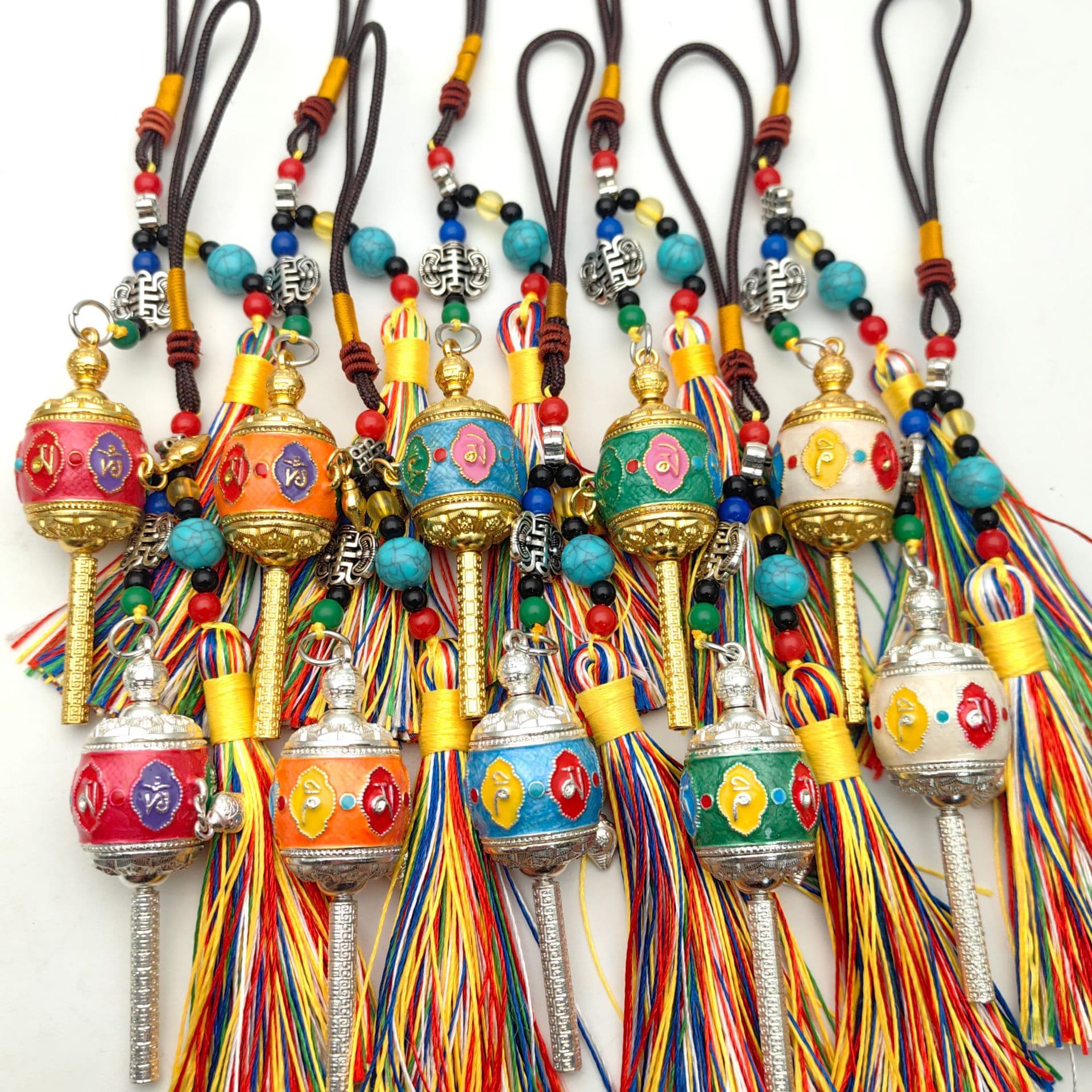 Alloy Painted Prayer Wheel Tibetan-style Small Drum Spinning Wheel Tantric Charm Car Bag Hanging Source Factory Wholesale