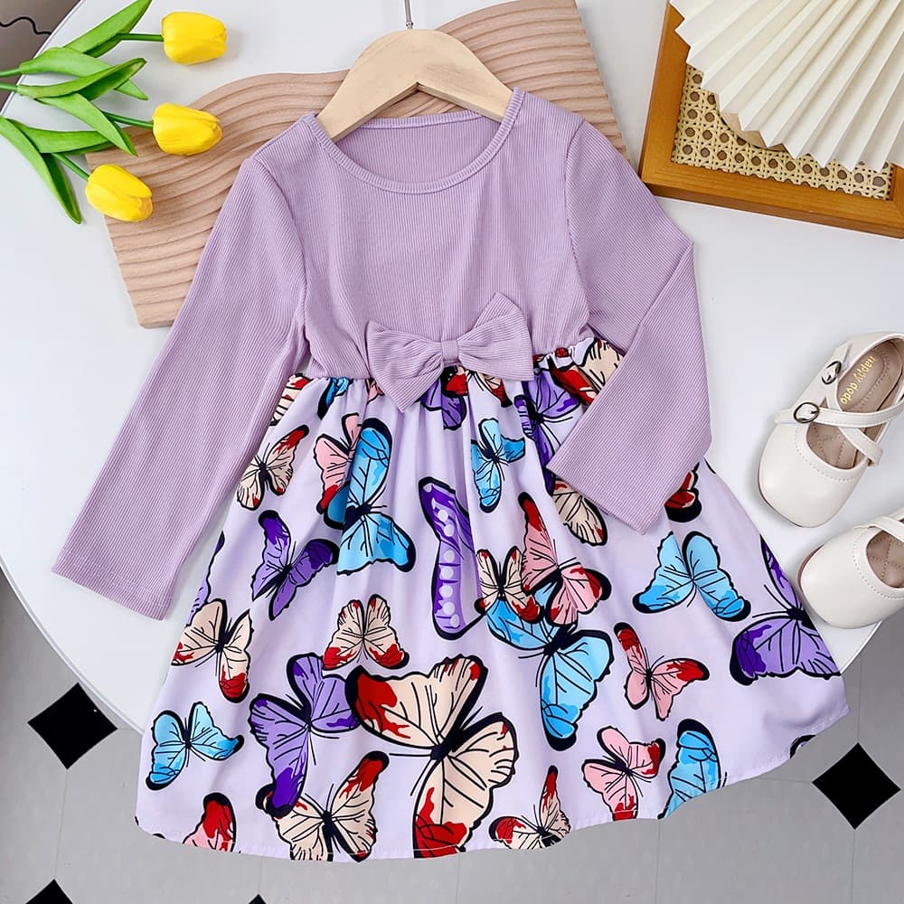 Girls Long Sleeve Dress Spring Autumn New Butterfly Print Dress Bowknot Princess Dress Cross-border Hot Sale