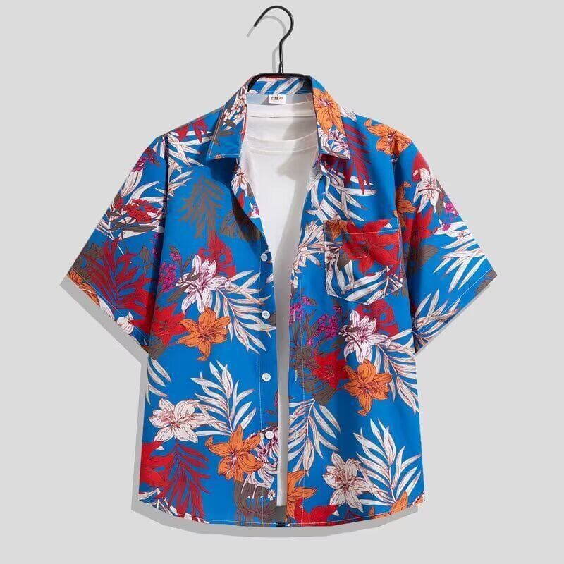 Beach Vacation Floral Shirt for Men and Women, Short Sleeve, Ins Style, Hawaiian, Loose Fit, Couple's, Five-Point Half Sleeve Top