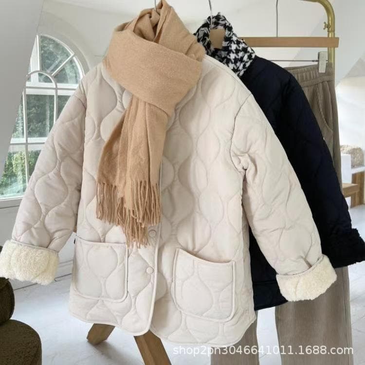 2025 Collarless Lamb Wool Patchwork Diamond Pattern Winter Korean Style Loose Small Fragrance Warm Cotton Jacket Women's Cold-Resistant