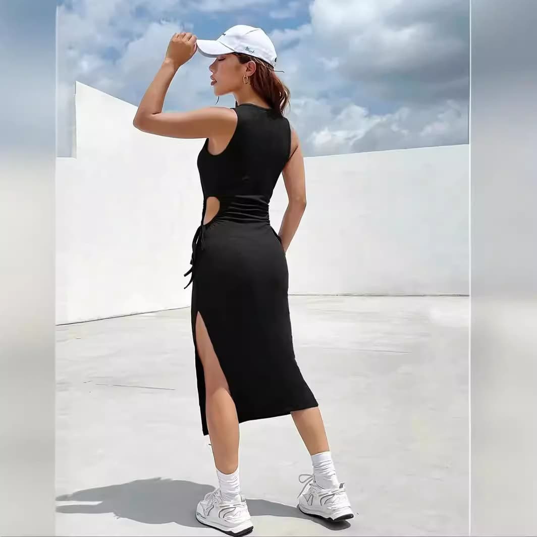 Cross-border Women's Fashion 2026 Elegant Round Neck Sleeveless Waist Drawstring Hollow Cutout Bodycon Split Dress
