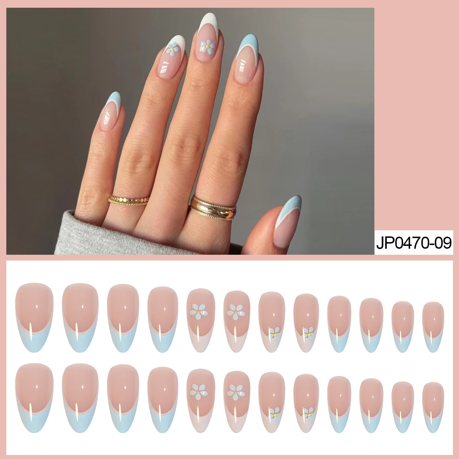 French Style Nail Tips Full Cover Color Block Nude Patch Blue Flower Design Artificial Finger Nails Short Almond Shape Wearable