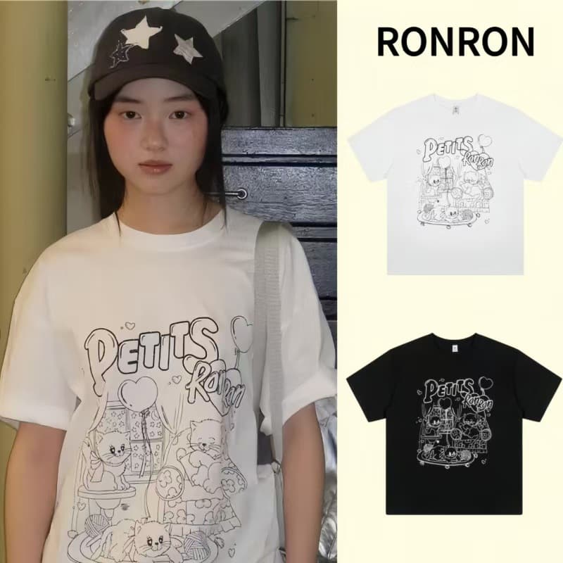 Korean Niche Trend Brand RONR*N Cute Cat Print Short Sleeve Women's Korean Loose Versatile Sweet Top T-Shirt
