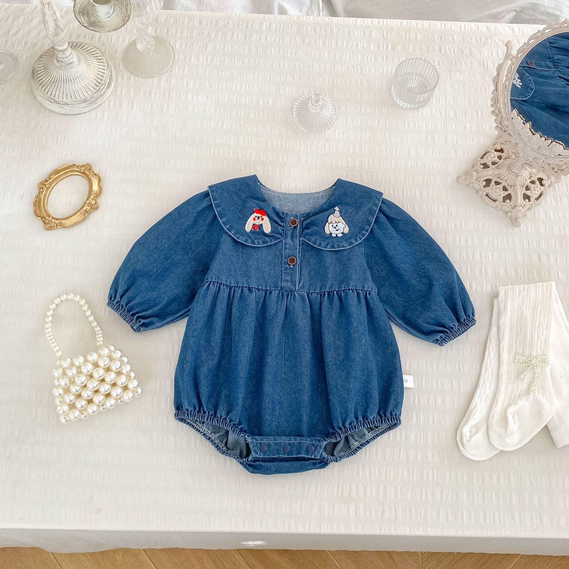 Baby Spring Outfit with Doll Collar, Cute Cartoon Design, Versatile Denim Romper, Sweet Long-Sleeve Bodysuit