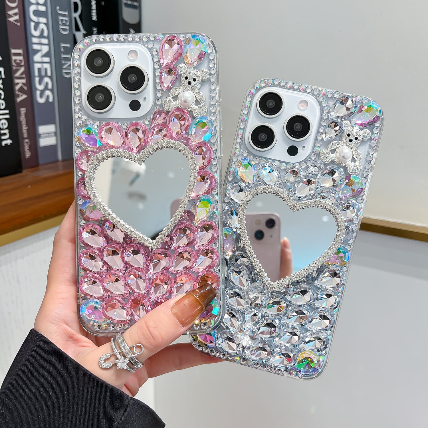Touch-up Mirror Apple 15 Pro Max Rhinestone Phone Case for Women, Compatible with iPhone 14 Full Coverage Diamond-Studded Protective Cover 13