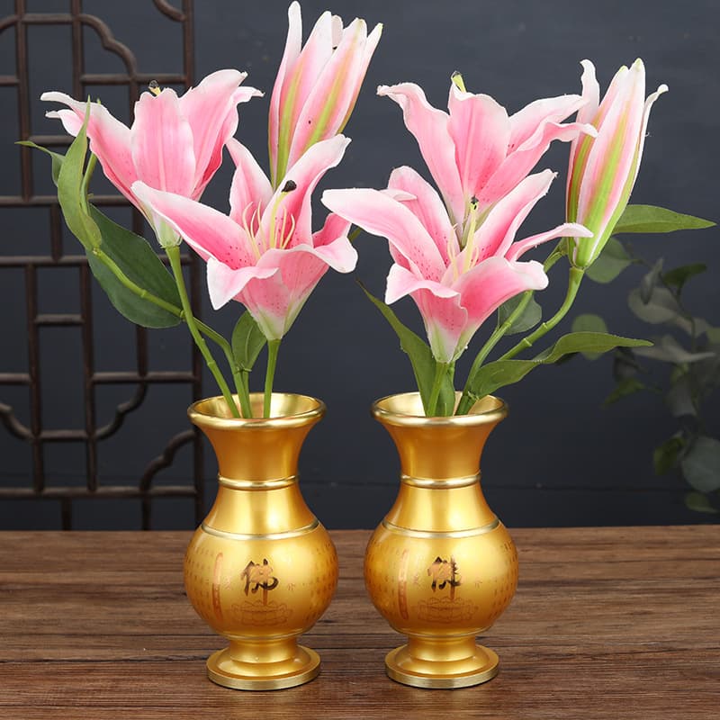 Household Gold-Stamped Alloy Lotus Buddha Offering Vase, Floral Arrangements for Bodhisattva and Wealth God Before Buddha, Hot-Selling Buddhist Altar Ornament
