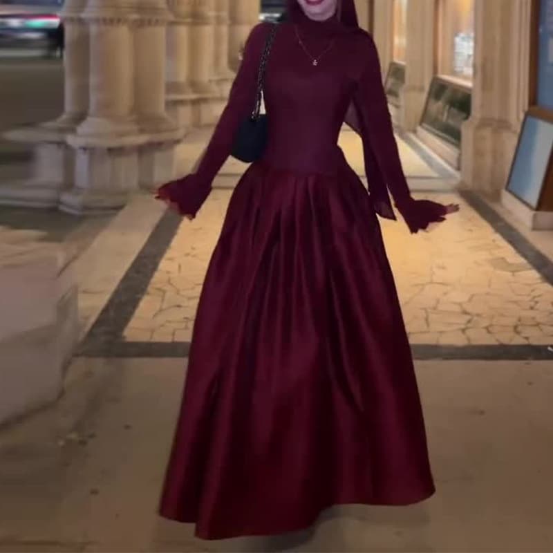 2026 New European and American Amazon Cross-border Women's Dress Elegant Long Sleeve Waist-cinching Lace Trim Red Maxi Dress