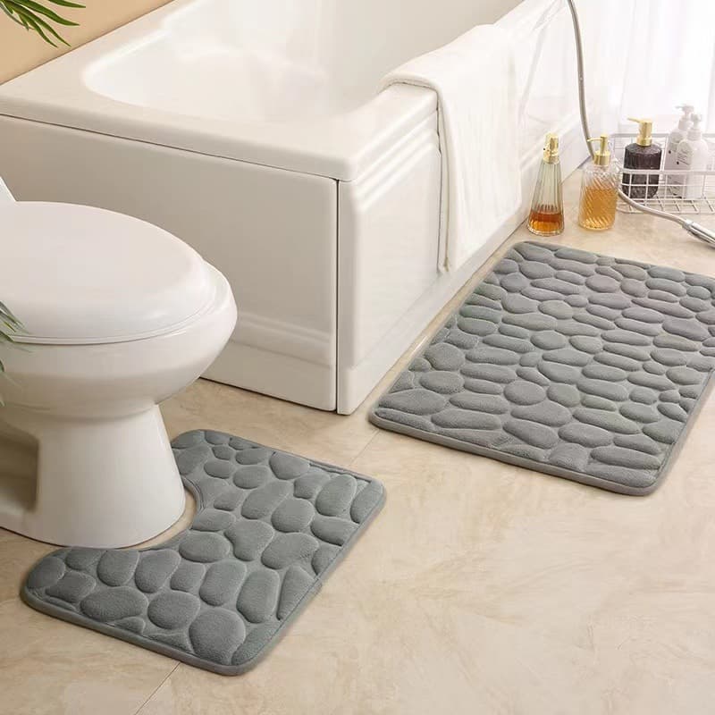 Cross-border Pebble Embossed Coral Velvet U-Shaped Toilet Three-Piece Set, Water-Absorbent Non-Slip Bathroom Floor Mat