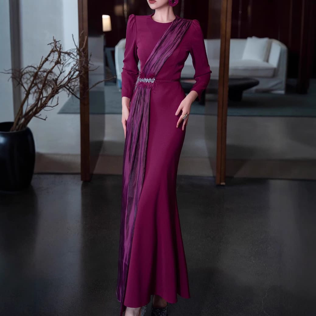 European and American Women's Elegant Dress for Spring and Autumn, Designer Tie-Waist with Spliced Flowing Ribbon Long Gown