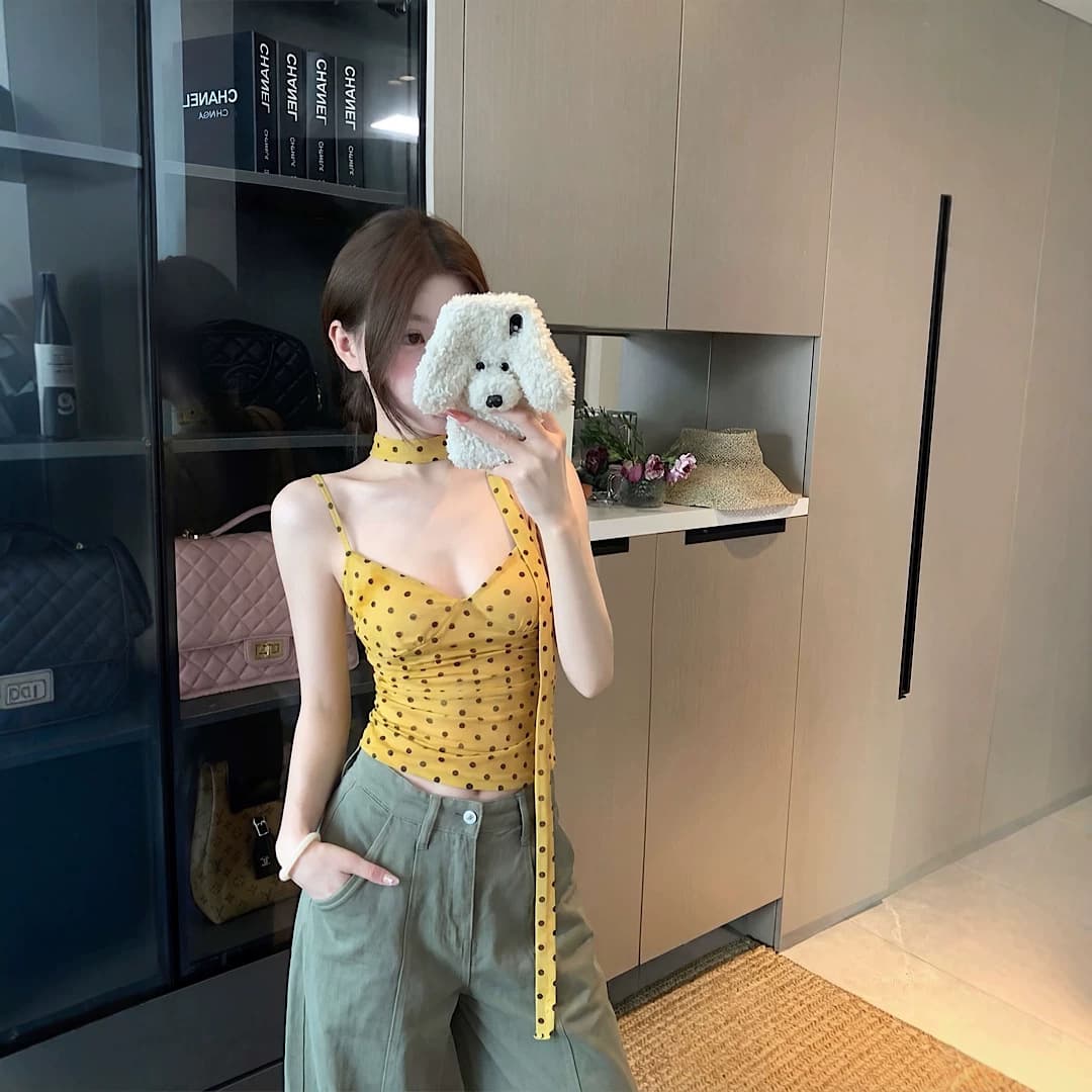 French Polka Dot Print V-Neck Camisole Top for Women Summer Design Sense Niche Slim Fit Hot Girl Inner Layering Short Top