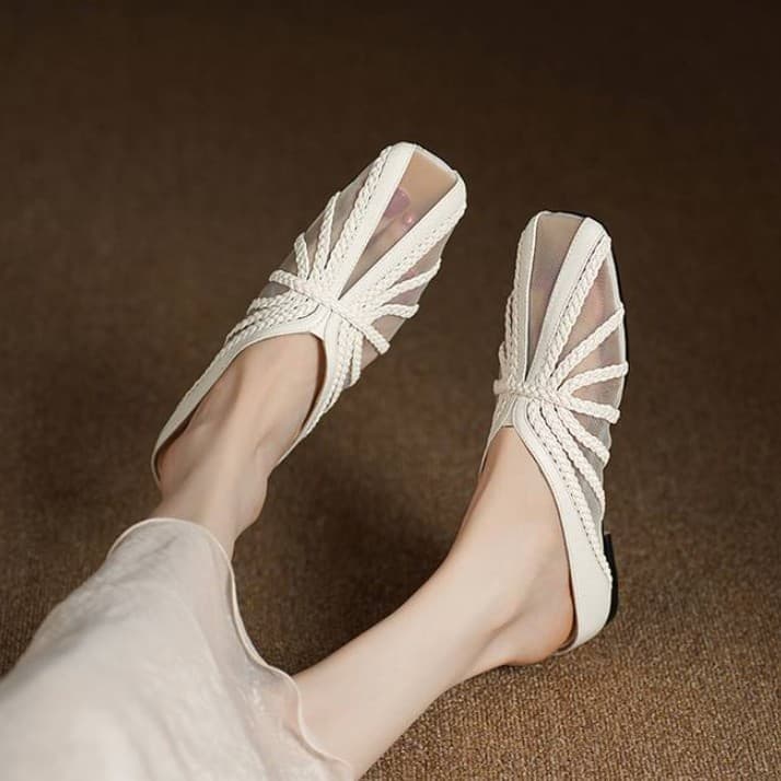 Spot delivery 2025 spring and summer new square toe cowhide mesh slippers comfortable wedge sandals woven women's shoes 5-13
