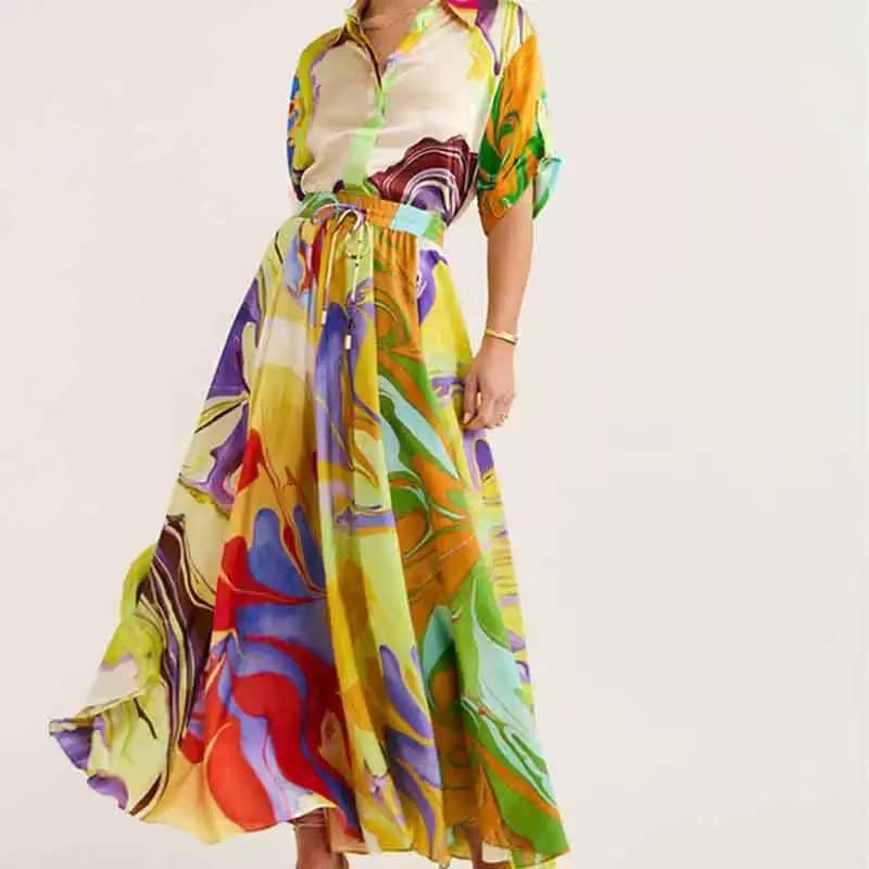 2026 New European and American Style Abstract Printed Waist Long Skirt Suit Women's Fashion Vacation Casual Two-piece Set