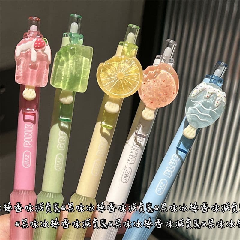 Fruity Popsicle Scented Stress-Relief Charm Pen, Ins-Style High-Aesthetic Girl Favorite, Retractable ST Tip Black Exam Practice Pen