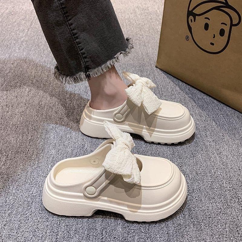 Women's Summer Butterfly Knot Thick Heel Anti-Slip Slippers Indoor Outdoor Wear Half Slippers Comfortable PVC Material