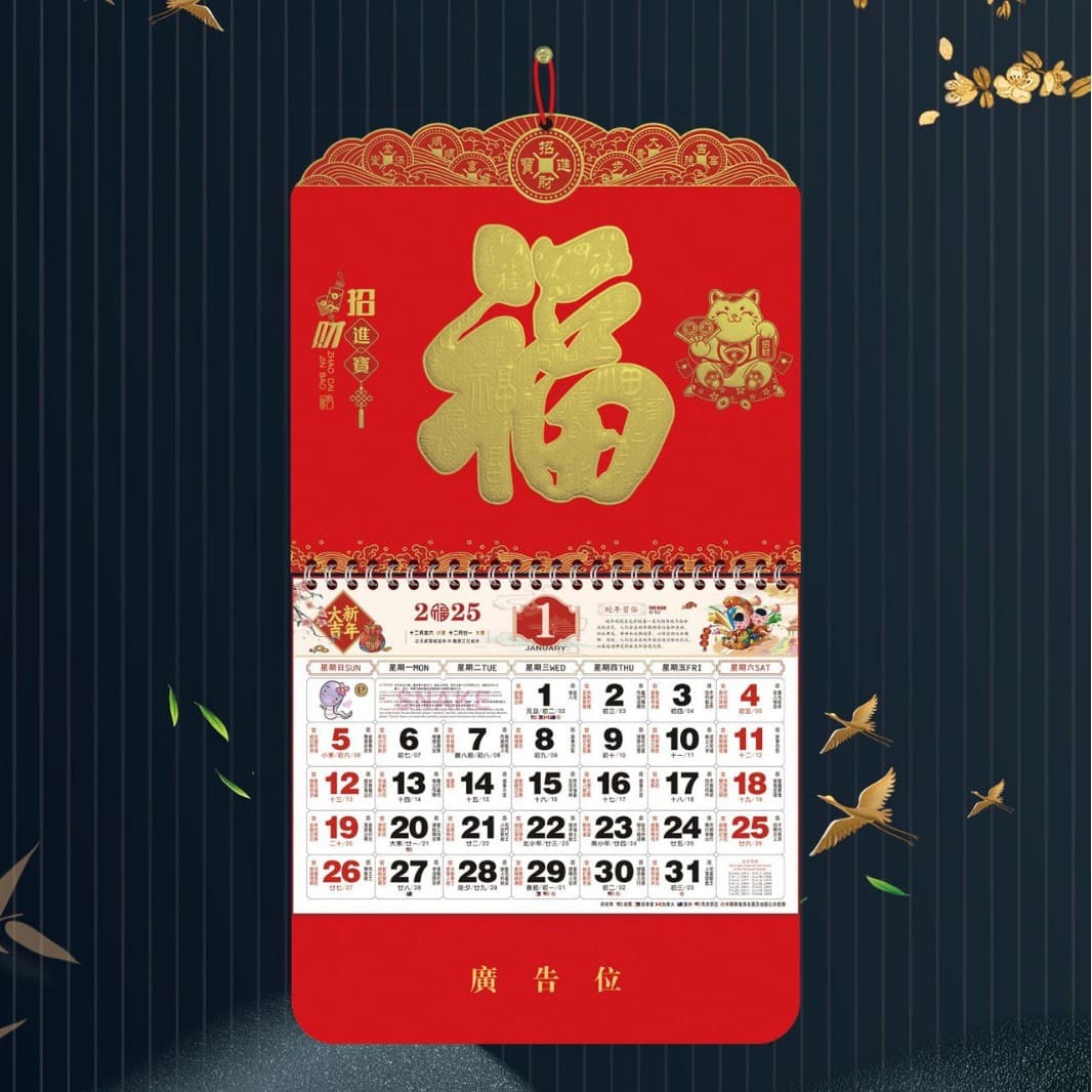 2025 Snake Year Premium Large Folio Chinese Red Auspicious Fu Character Tag Tactile Wall Calendar Free Sample Mailing