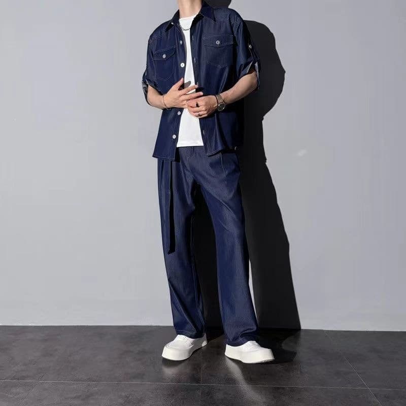 Laide's Summer Thin Denim Shirt Set for Men, Short Sleeve, Fashionable, Loose, Trendy Two-Piece Set