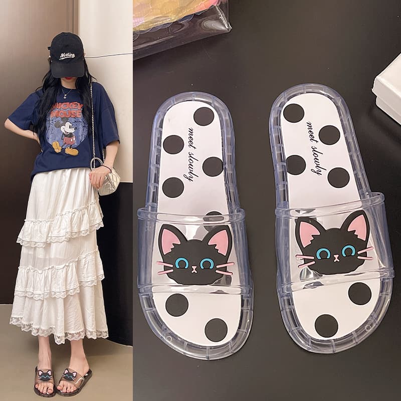 Cartoon Cute Crystal Slippers Summer Women's Home Dopamine Polka Dot Sweet-Cool Anti-Slip Black Cat Flip-Flops