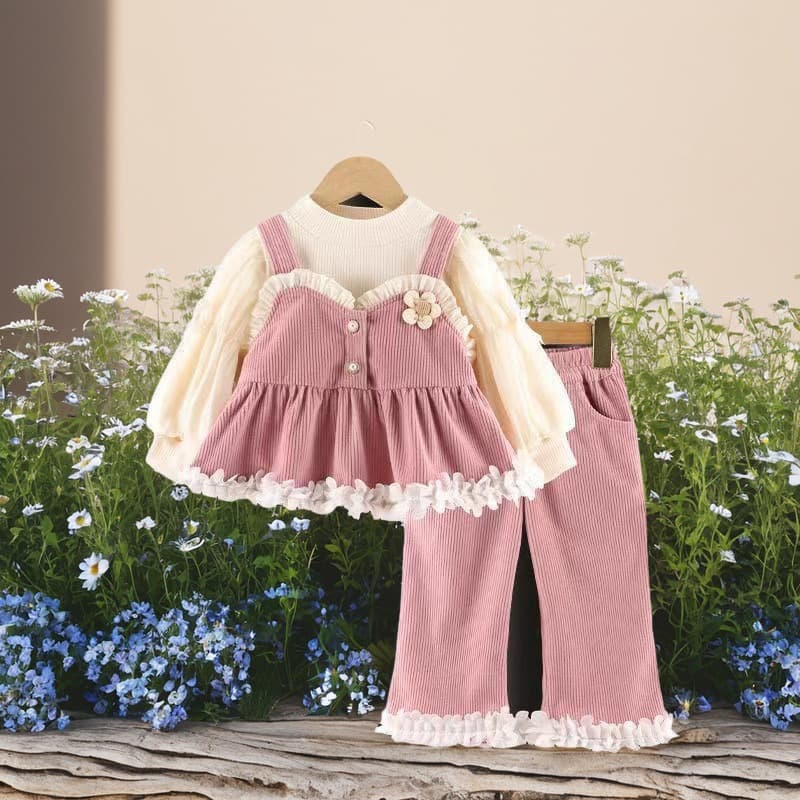 Girls 2025 New Spring Set Children's Round Neck Long Sleeve Top Elastic Lace Pants Stylish Baby Spring Autumn Outfit