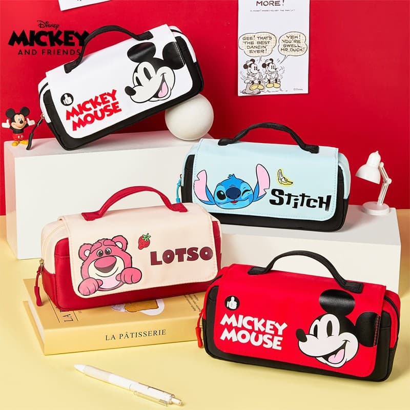 Disney Cute Pencil Case Stitch Strawberry Bear Thickened Portable Stationery Bag for Elementary School Students Fabric Stationery Bag