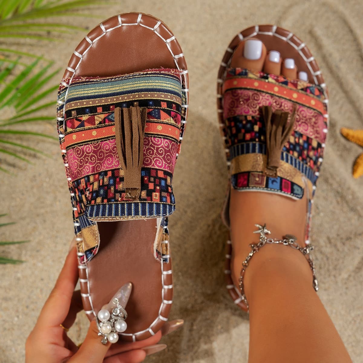 Bohemian Beach Sandals for Women, Size 43, 2025 Summer New Flat Sandals, Wholesale Large Size