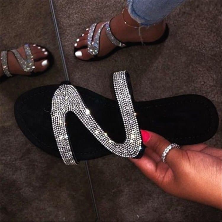 Diamond Women's Sandals Slippers Black Crystal Flat Sandals
