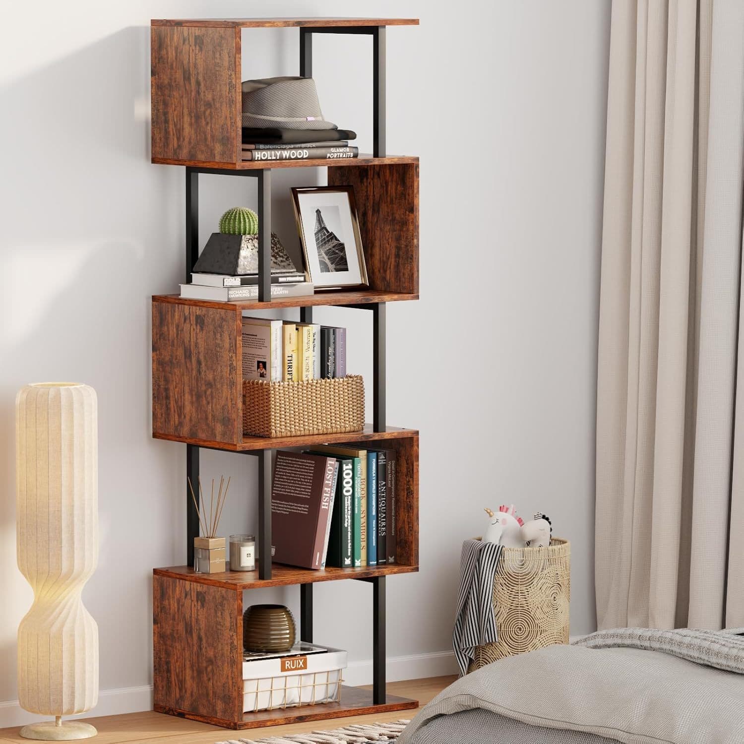 Tall S-Shaped Geometric Bookshelf Modern Display Shelf Standing Unit Wood Metal Decor Room Divider Bookcase