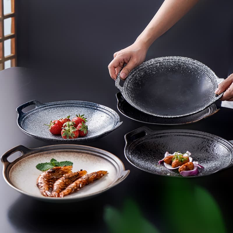 Japanese-style Pasta Plate Ceramic Creative Double-handled Plate Home Use Dish Fruit Salad Plate Large Dinner Plate