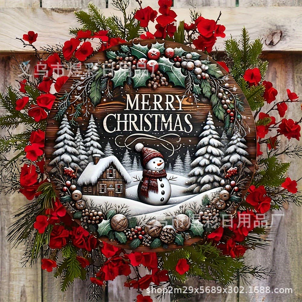 Cross-border Merry Christmas Snowman Wooden Wreath 7.8-inch Round Wall Porch Decoration Festival Outdoor Hanging