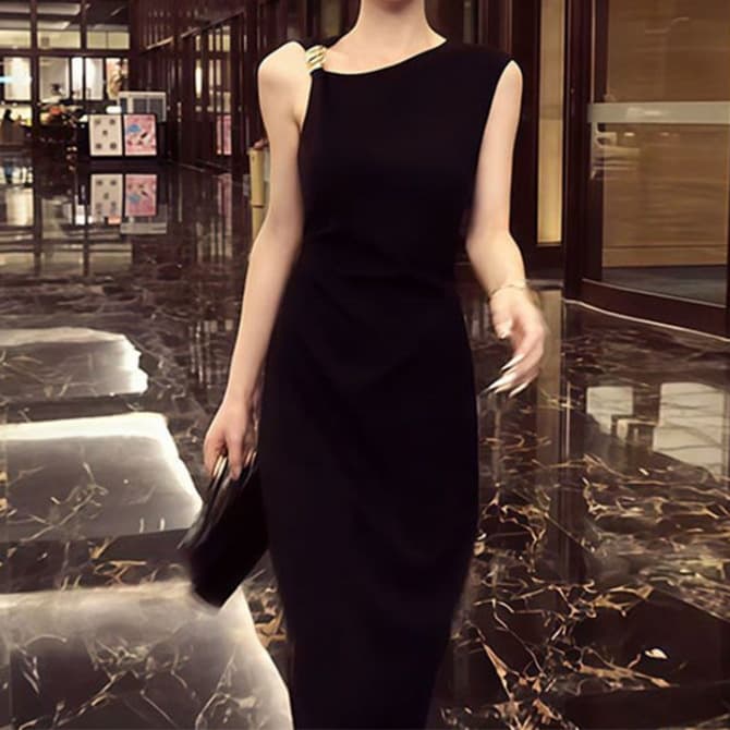 Dress 2026 summer fashion temperament new French style niche pure black slant collar button design mid-length skirt