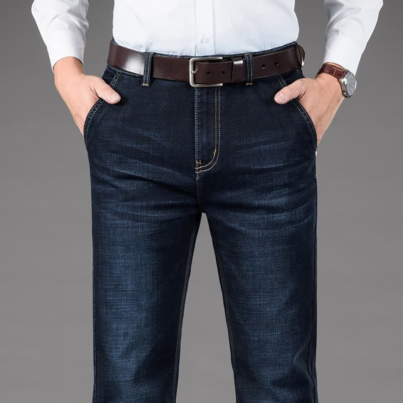 Autumn Winter Slant Pocket Jeans Men Straight Loose High Waist Middle Aged Elderly Business Casual Plus Size Simple All Match Pants