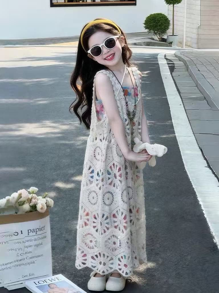 Girls Crochet Hollow Vacation Dress Summer Sleeveless Vest Long Dress Beach Sand Dress for Big Kids