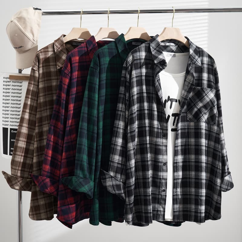 Spring and Autumn Fat MM extra large size Korean version loose brushed plaid shirt 240 pounds plus fat plus long-sleeved top S5214