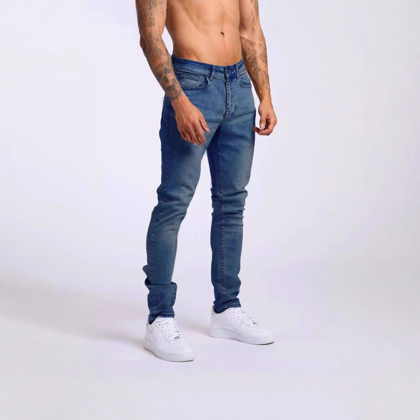 Trendy European and American Light Blue Denim Skinny Pants for Men, New Cross-Border Style Light-Colored Long Pants, Slim Fit Stretchy Skinny Pants