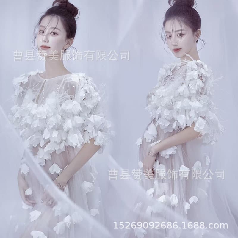 Maternity Photo Dress: Beautiful, Cute, Fairy-like 3D Floral White Tulle Studio Maternity Photoshoot Art Dress