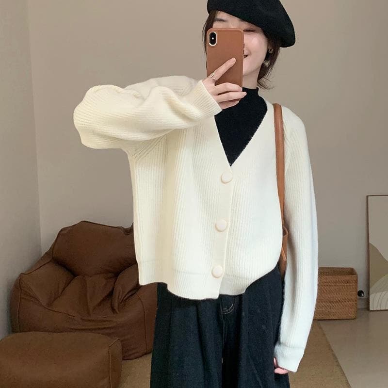 Spring Autumn French New Knitted Cardigan Long Sleeve Top Lazy V-Neck Jacket Loose Soft Women