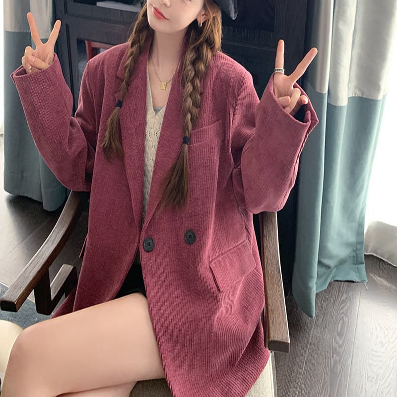 Corduroy rose pink suit jacket for women, spring and autumn 2025 new style, unique design, casual suit.